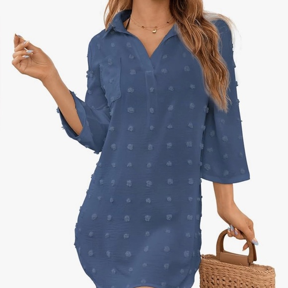 None Other - 2/$10 NEW Womens Swimsuit Beach Cover up Blue Shirt Dress Swiss dots Sz S